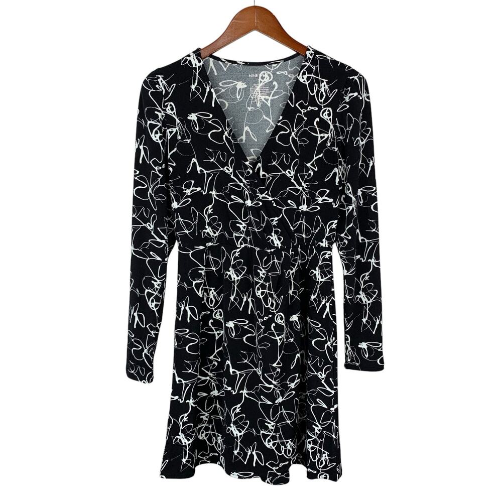 Nine West Faux Wrap Dress Black White Scribble Long Sleeve Knee Length Women's S
